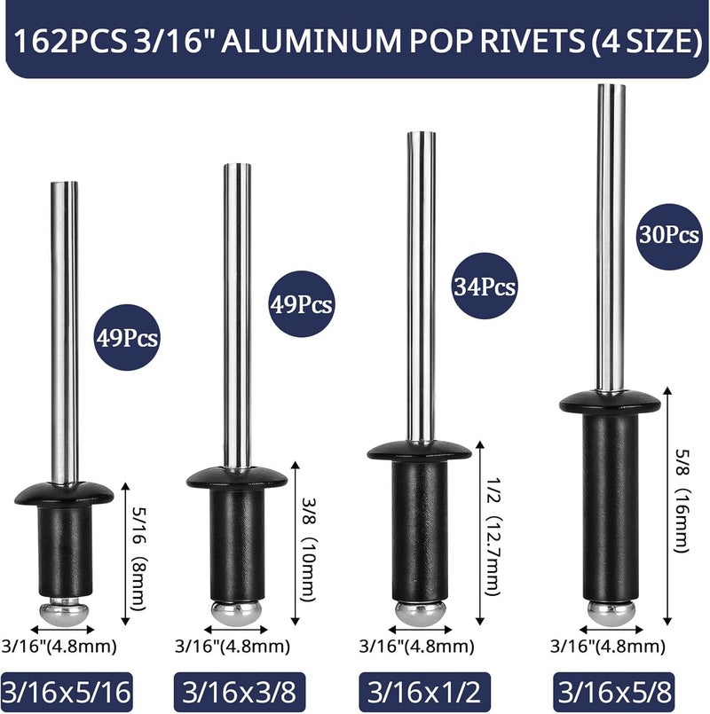 ZQZ 162 Pcs 3/16 Inches Black Pop Rivets Assortment Kit - 4 Sizes Black Aluminum Rivets (3/16" x 5/16", 3/16" x 3/8", 3/16" x 1/2", 3/16" x 5/8"), Black Blind Rivets for Metal Dome Head rivet kit - Image 2